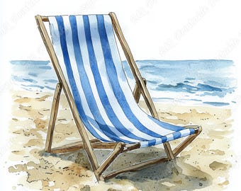 Watercolor Beach Chair Clipart, Summer Seaside Vacation Printable JPG Images Set (Digital Download)
