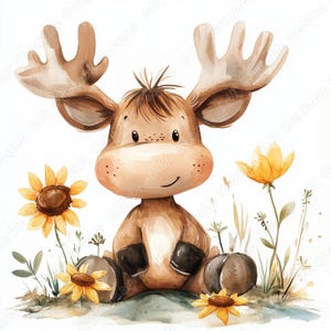 Watercolor Baby Moose Clip Art, Floral Woodland Animals (JPG Digital ...