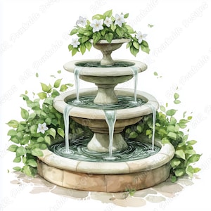 20 Fountain With Flowers Clip Art, Garden Fountain Printable Image, Stone Water Fountain Digital Download, Scrapbooking Paper Crafts JPG Set