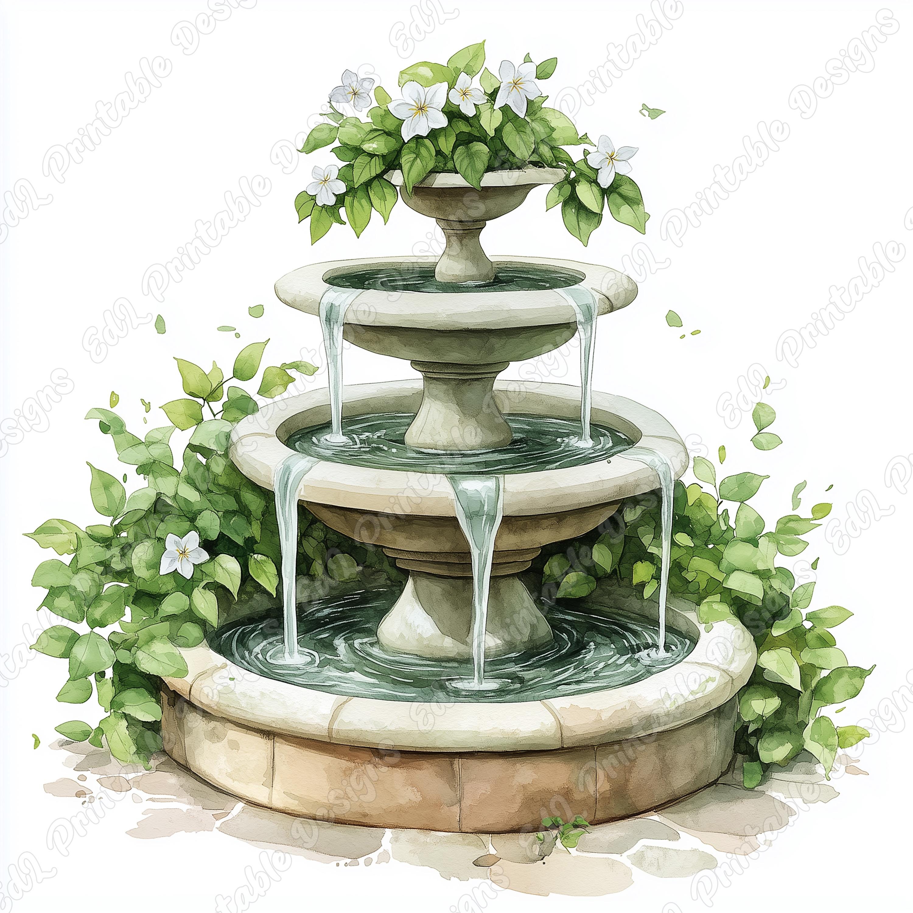 絵画 water fountain 20 Fountain With Flowers Clip Art, Garden Fountain Printable