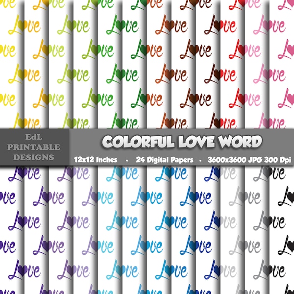 Colorful Love Word Digital Paper, Valentines Day Printable Background, Romantic Scrapbook Papers, 12x12 Hearts Paper, Seamless Pattern Set