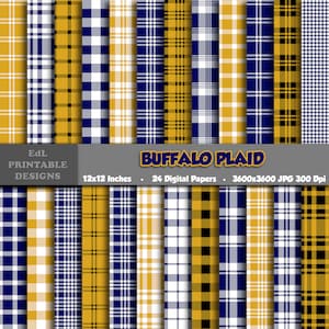 May include: A set of 24 digital papers featuring buffalo plaid patterns in various combinations of yellow, blue, white, and black. The papers are 3600x3600 pixels and 300 DPI, and are 12x12 inches in size.