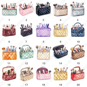 20 Quilted Cosmetic Bag Clip Art, Beauty Products Printable Images, Watercolor Makeup Bag Digital Download, Scrapbooking Paper Craft JPG Set