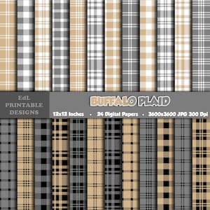 May include: 24 digital papers featuring buffalo plaid patterns in beige, black, gray, and white. Each paper is 3600x3600 pixels and 300 DPI. The papers are 12x12 inches.