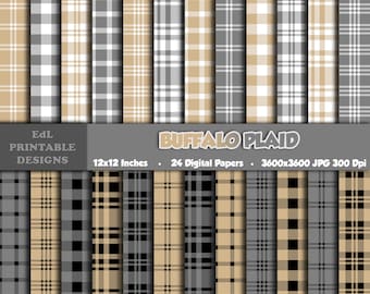 Tan and Gray Buffalo Plaid Digital Papers, Gingham, Tartan, Flannel, Scottish Pattern (Digital Download)