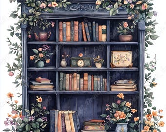 Floral Watercolor Bookshelf Clip Art, Old Books, Scrapbook (JPG Digital Download)