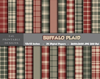Merry Christmas Buffalo Plaid Digital Papers, Green, Red Color Tartan, Xmas Scottish Background, Scrapbook, Seamless Flannel Gingham Pattern