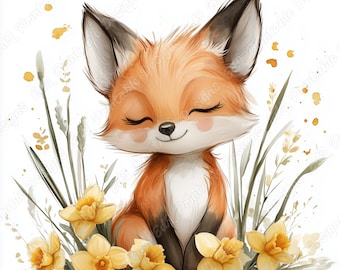 May include: A cute cartoon fox with closed eyes sits in a field of yellow daffodils. The fox is orange and white with a fluffy tail. The daffodils are surrounded by green grass and leaves.