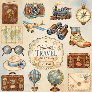 Puede incluir: Ilustraciones de acuarela de elementos de viaje vintage, incluyendo una cámara, un tren, una brújula, un mapa, un avión, unos prismáticos, unas botas, un baúl, unas gafas, un sombrero, un globo aerostático, un globo terráqueo y un sobre. El diseño central dice "Vintage Travel Adventure".