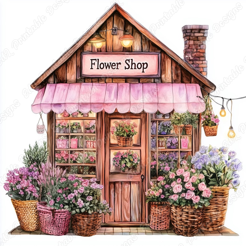 20 Cute Flower Shop Clip Art, Vintage Flower Shop Printable Image, Watercolor Storefront Digital Download, Scrapbooking Paper Crafts JPG Set