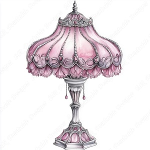 May include: A pink and silver table lamp with a decorative, ornate shade. The shade has a scalloped edge and is decorated with jewels. The base of the lamp is also decorated with jewels.
