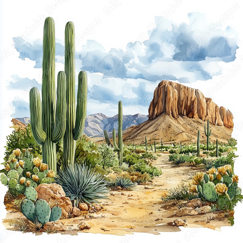 20 Watercolor Desert Clip Art, Desert Landscape Printable Images, Desert Mountain And Cactus Digital Download, Scrapbooking Paper Crafts JPG