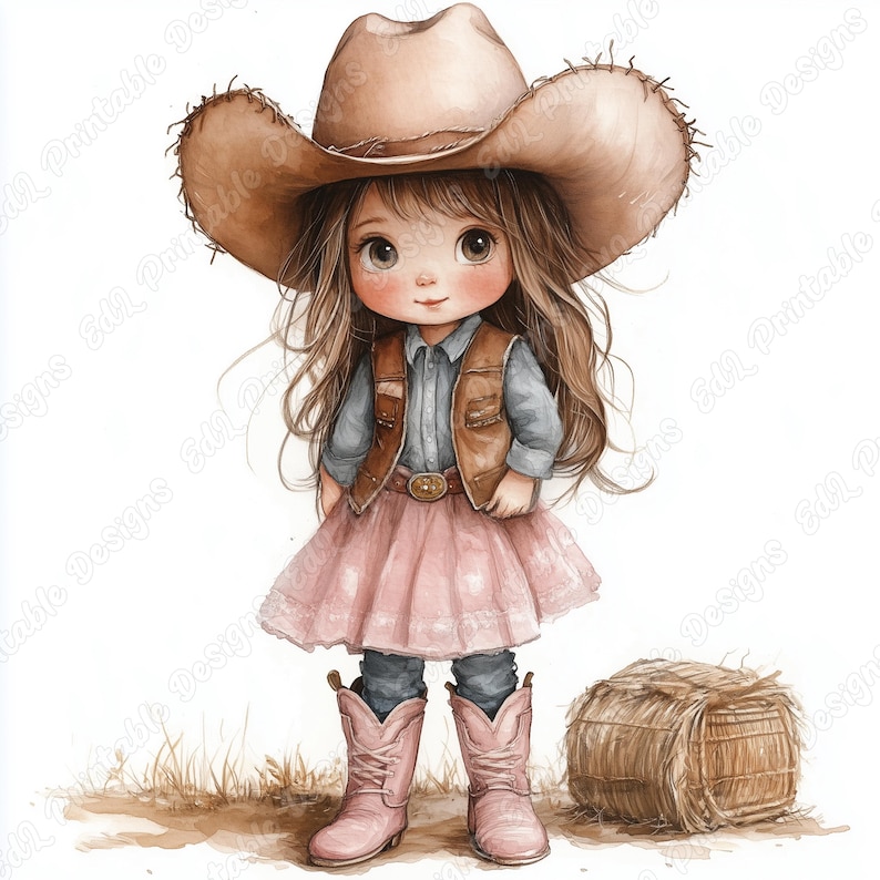 20 Cute Little Cowgirl Clip Art, Watercolor Western Printable Images, Wild West Digital Download, Baby Shower Scrapbooking Paper Crafts JPG