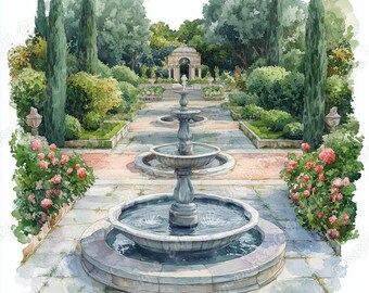 水彩画の庭の噴水のクリップアート、ロマンチックな風景（デジタル