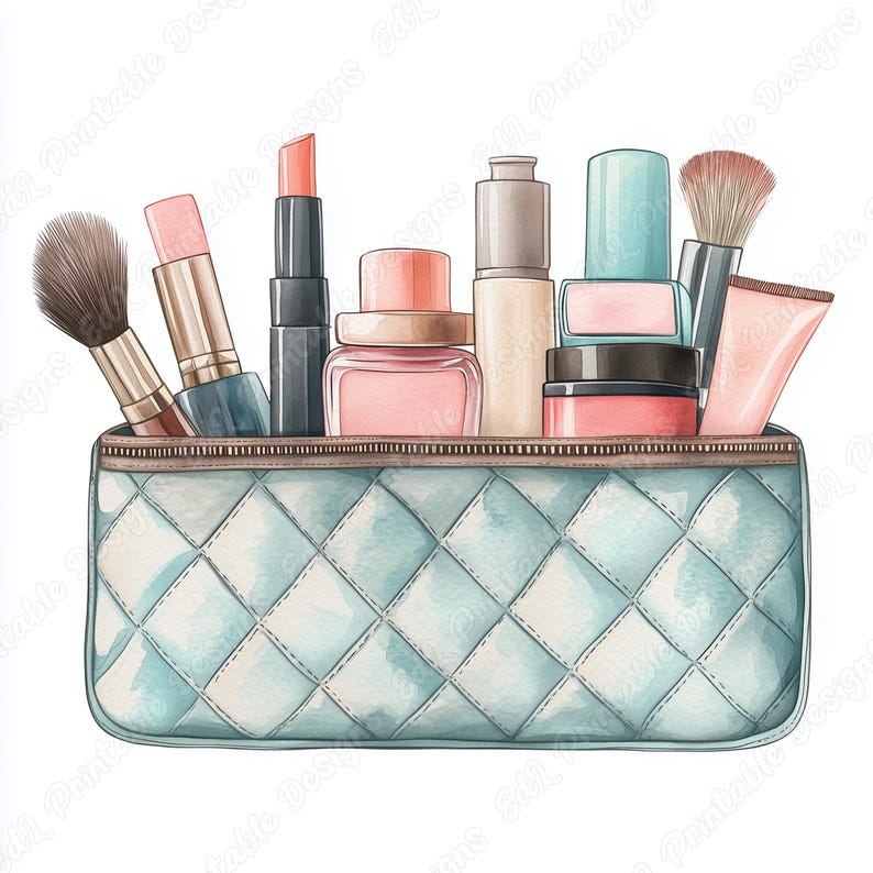 20 Quilted Cosmetic Bag Clip Art, Beauty Products Printable Images, Watercolor Makeup Bag Digital Download, Scrapbooking Paper Craft JPG Set