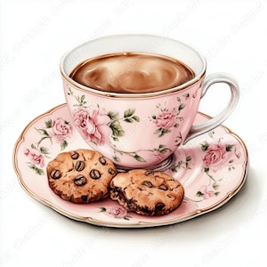 May include: A pink teacup with floral pattern and a saucer, filled with brown tea. Two chocolate chip cookies are on the saucer.