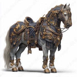 May include: A majestic white horse adorned with ornate, dark blue and gold armor and saddle. The armor features intricate scrollwork and detailed embellishments. The horse's mane and tail are a flowing white, creating a striking contrast against the dark armor.