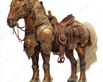 黄金の鎧をまとった騎士の馬のクリップアート、中世の軍馬の印刷可能な