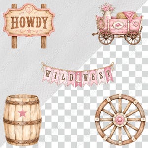Pink Western Cowgirl PNG Clipart, Printable Baby Girl Rodeo Party Images, Watercolor Cute Wild West Digital Download, Scrapbook Paper Bundle