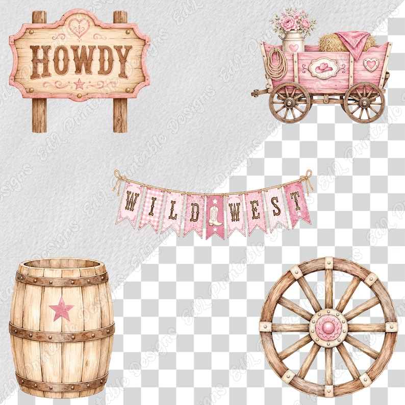 Pink Western Cowgirl PNG Clipart, Printable Baby Girl Rodeo Party Images, Watercolor Cute Wild West Digital Download, Scrapbook Paper Bundle