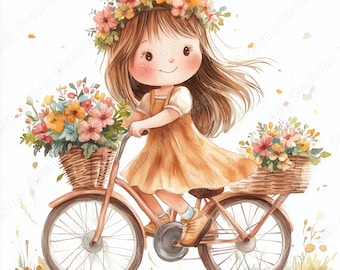 Girl on Flower Bicycle Clipart, Watercolor Printable Bike Design Images (Digital Download)