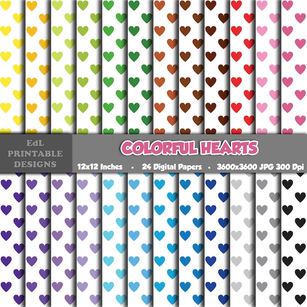 Colorful Hearts Digital Paper, Love Printable Background, Valentines Day Scrapbook Papers, 12x12 Paper, Seamless Romantic Pattern Set Of 24