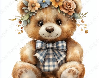 Watercolor Teddy Bear Clip Art, Floral Nursery Design (JPG Set)