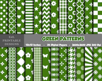 Green Patterns Digital Paper, Seamless Scrapbook Backgrounds (Digital Download)