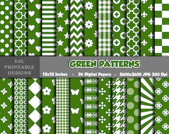 Green Patterns Digital Paper Pack, Printable Background, Scrapbook Papers, 12x12 Green Shapes Paper, Seamless Green Colors Pattern Set Of 24