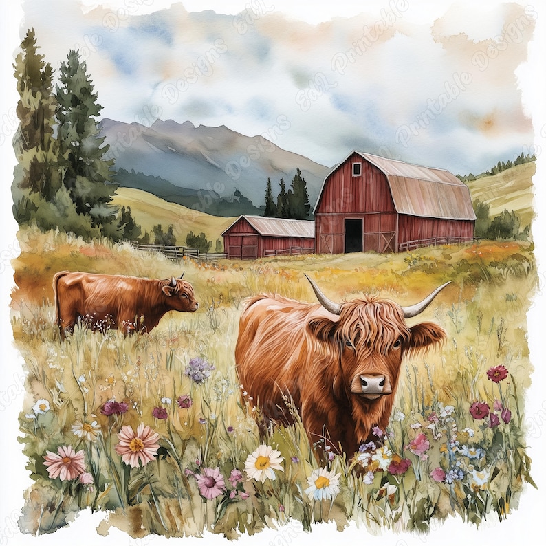 20 Highland Cow Farm Clip Art, Watercolor Calf Printable Image, Farm Animal Digital Download, Baby Highland Cow Scrapbooking Paper Craft JPG