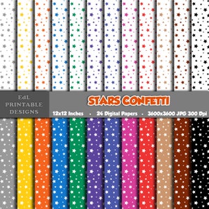 Stars Confetti Digital Paper Pack, Rainbow Colours Printable Background, Scrapbook Papers, 12x12 Paper, Seamless Starburst Pattern Set Of 24