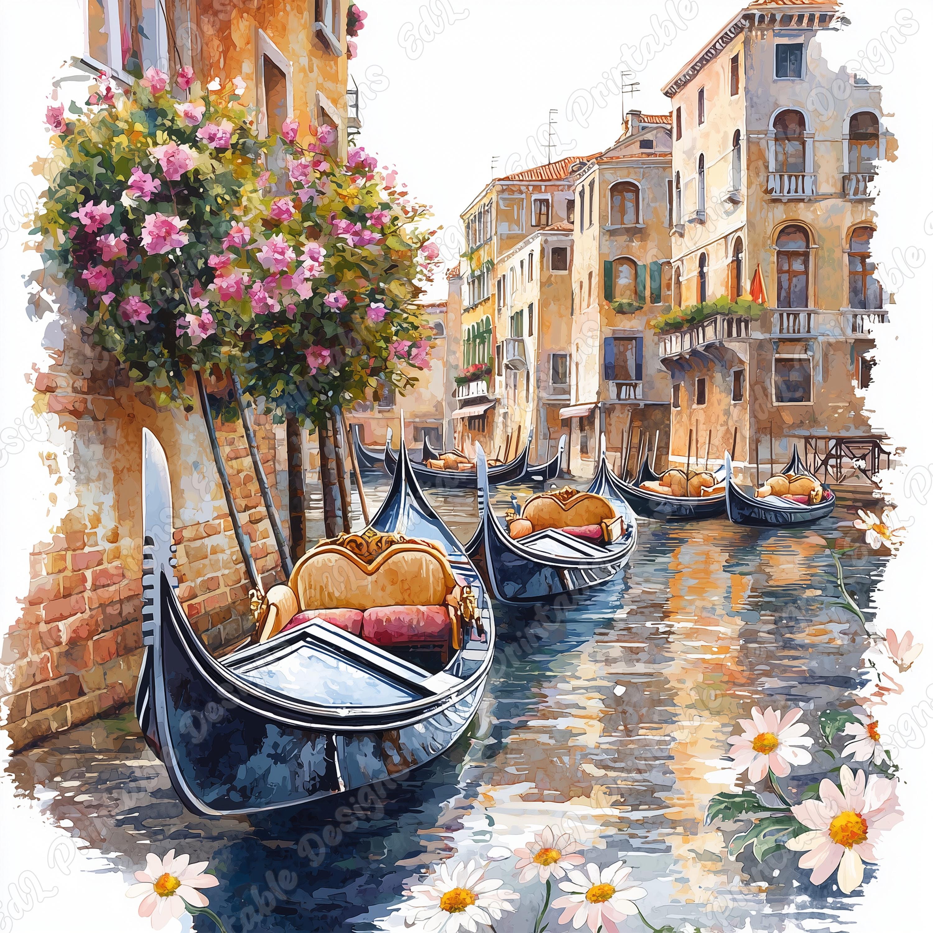 ヴェネツィアのゴンドラの水彩画クリップアート、ロマンチックな運河の