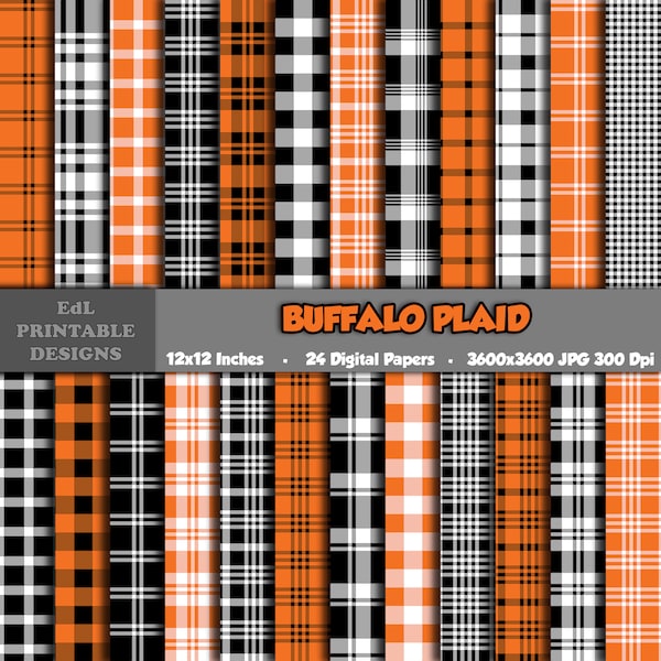 Orange, Black White Buffalo Plaid Digital Paper, Printable Tartan Background Papers, Lumberjack Scrapbook Papers, Seamless Gingham Set Of 24