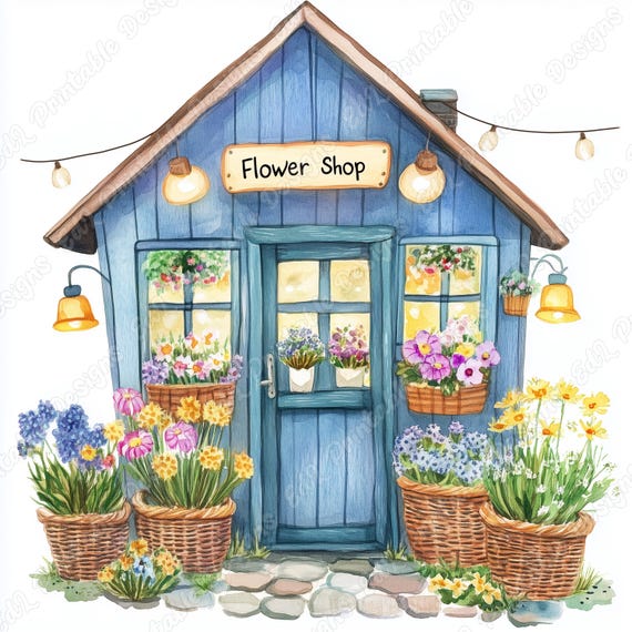Watercolor Flower Shop Clipart, Vintage Storefront Art (JPG Digital Download)