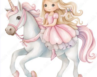 Princess Riding Unicorn Clipart, Watercolor Fairytale Images (Digital Download)