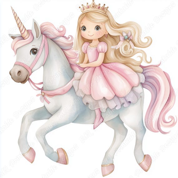 ユニコーンに乗るプリンセスのクリップアート、水彩画のおとぎ話の画像