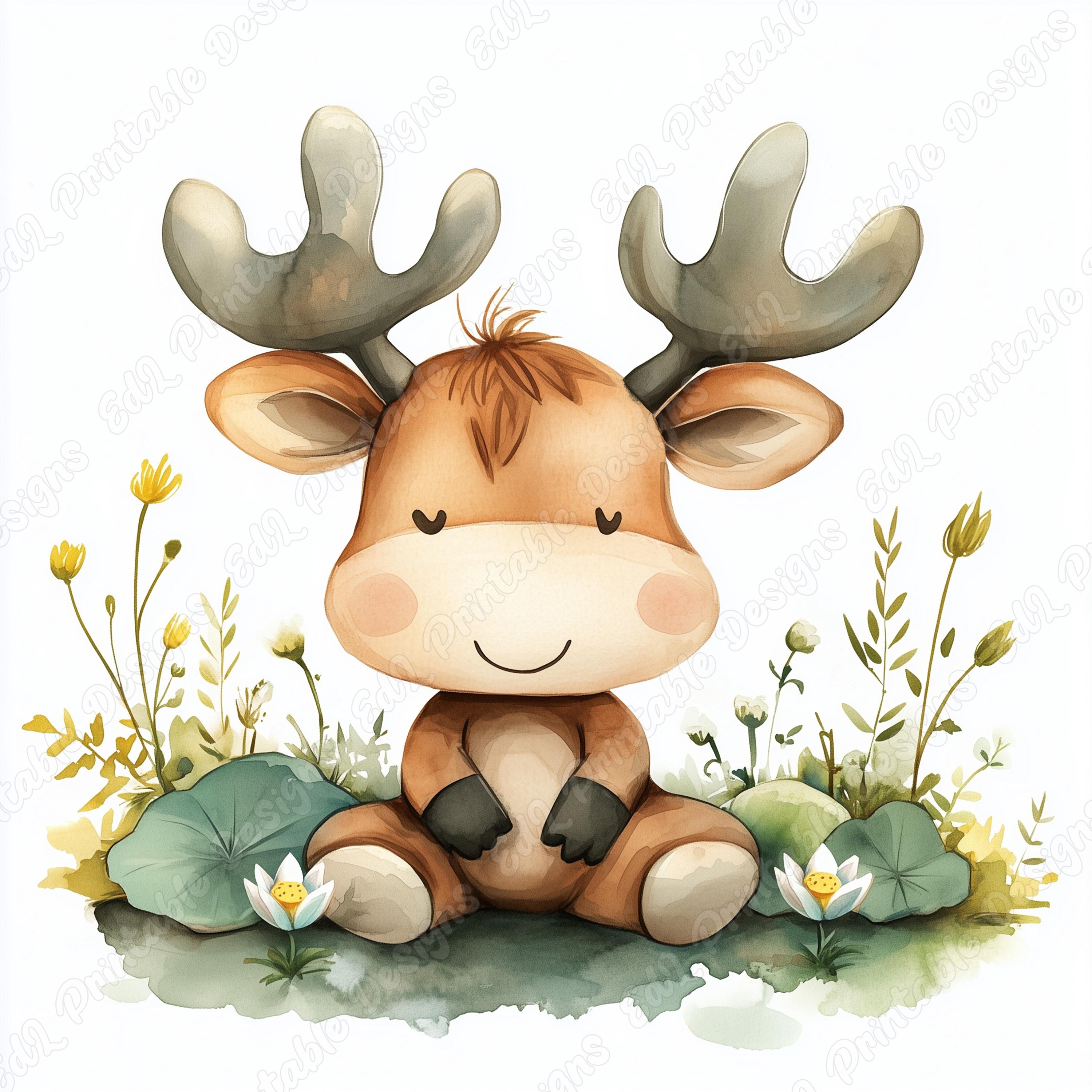 Watercolor Baby Moose Clip Art, Floral Woodland Animals (JPG Digital ...