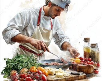 Watercolor Chef Clipart, Kitchen Cooking, Food Scrapbook Paper (JPG Digital Download)