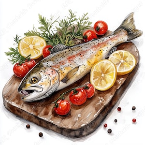 Può includere: Illustrazione ad acquerello di una trota cotta su un tagliere di legno, guarnita con pomodorini, fette di limone ed erbe. Grani di pepe nero sparsi. Un tema culinario, ideale per un design o una stampa.
