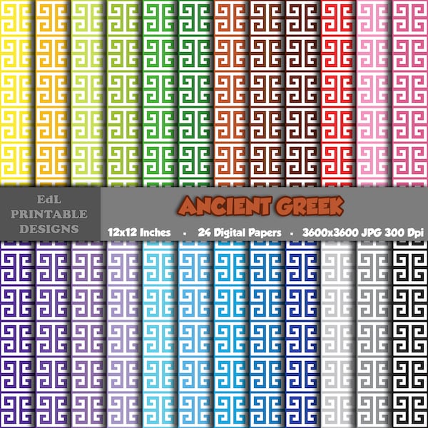 Ancient Greek Digital Paper, Greek Key Printable Background, Traditional Scrapbook Papers, 12x12 Paper, Seamless Rainbow Pattern Set Of 24
