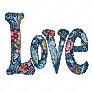 Puede incluir: La palabra "LOVE" en una fuente decorativa, con un fondo azul marino con patrones florales y de cachemira. Las letras están llenas de diseños florales rosas, amarillos y azules, creando una exhibición vibrante y artística.