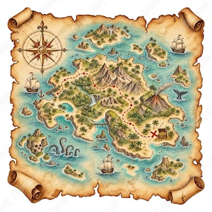 Vintage skattkarta PNG Clipart, akvarell piratö-paket (digital nedladdning)