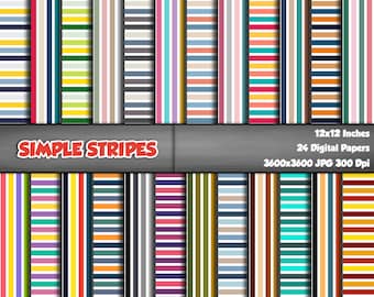 Simple Stripes Digital Paper, Lines Printable Background, Rainbow Colors Scrapbook Papers, 12x12 Paper, Seamless Stripe Pattern Set Of 24