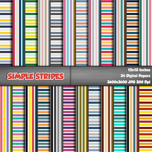 Simple Stripes Digital Paper, Lines Printable Background, Rainbow Colors Scrapbook Papers, 12x12 Paper, Seamless Stripe Pattern Set Of 24