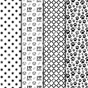 White And Black Dog Patterns Digital Paper, Animal Print Background, Printable Puppy Theme, Pet Scrapbook Papers, Seamless Dog Paw And Bones