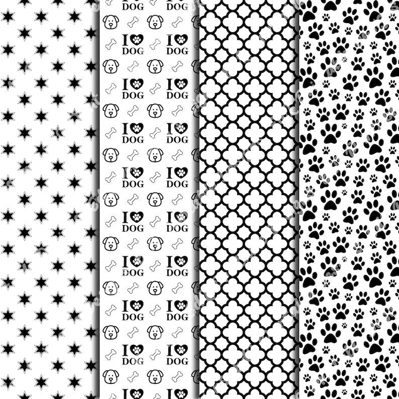 White And Black Dog Patterns Digital Paper, Animal Print Background, Printable Puppy Theme, Pet Scrapbook Papers, Seamless Dog Paw And Bones