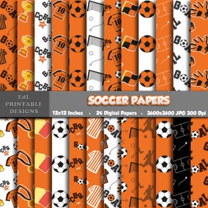 Soccer Digital Paper, Football Printable Background, Orange Soccer Ball Party Scrapbook Paper, 12x12 Paper, Seamless Sport Theme Pattern Set