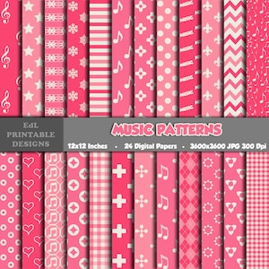 Music Patterns Digital Paper, Shades of Pink Printable Background, 12x12 Note Key Scrapbook Papers, Seamless Music Notes Pattern Set Of 24