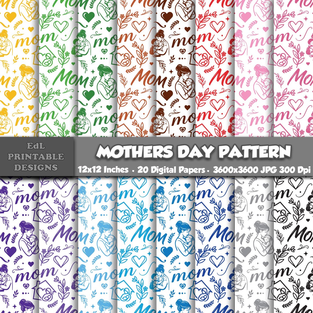 Mom Printed Pattern Mothers Day Digital Paper, Love You Mommy Seamless Pattern, Mama ...
