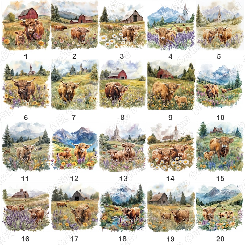 20 Highland Cow Farm Clip Art, Watercolor Calf Printable Image, Farm Animal Digital Download, Baby Highland Cow Scrapbooking Paper Craft JPG